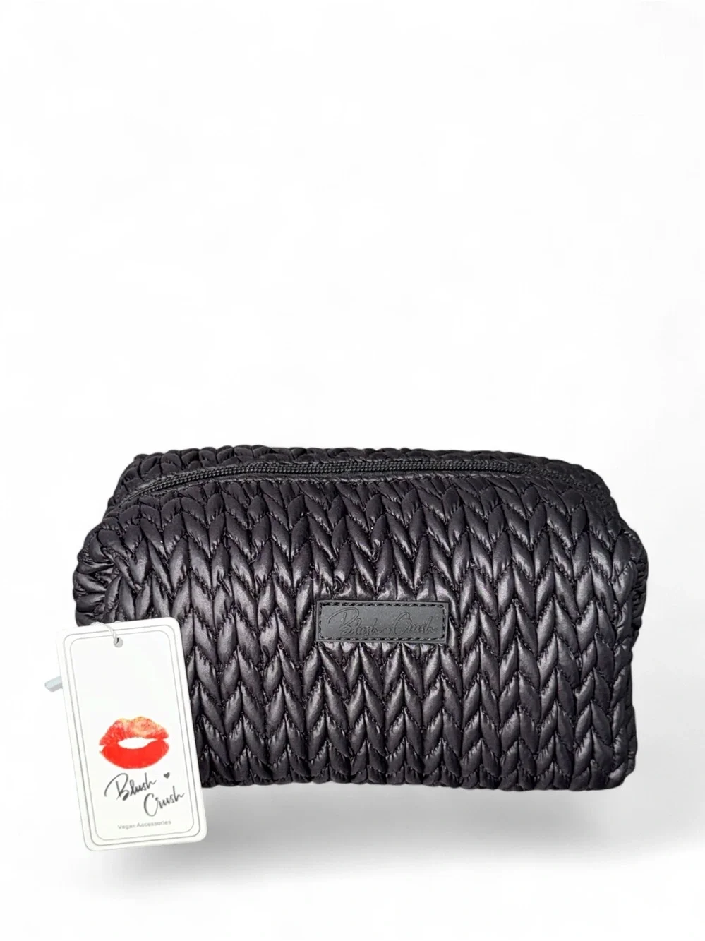 Blush Crush Black Puff Quilted Cosmetic Zip Top Pouch